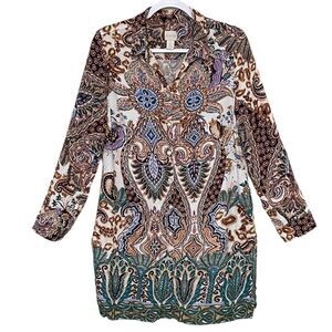 Chico's 1 Tunic Dress Boho Button Up Multicolor Paisley Artsy Relaxed Size M